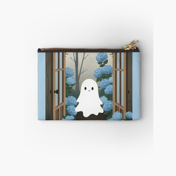 Item preview, Smiling Ghost Walking into Door with Hydrangeas – Dreamy Cute Illustration designed and sold by EmeraldeaArt.