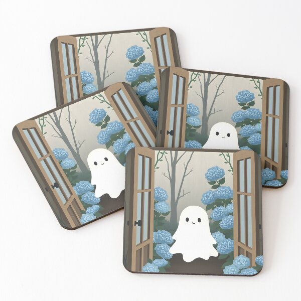 Item preview, Smiling Ghost Walking into Door with Hydrangeas – Dreamy Cute Illustration designed and sold by EmeraldeaArt.