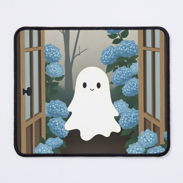 Item preview, Smiling Ghost Walking into Door with Hydrangeas – Dreamy Cute Illustration designed and sold by EmeraldeaArt.