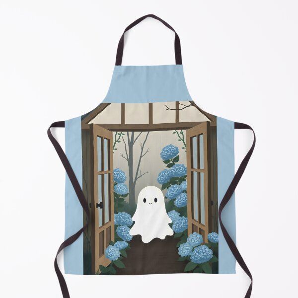 Item preview, Smiling Ghost Walking into Door with Hydrangeas – Dreamy Cute Illustration designed and sold by EmeraldeaArt.