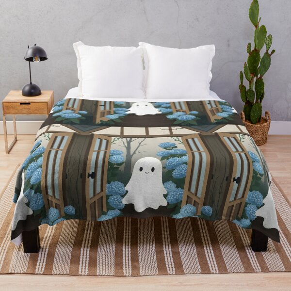 Item preview, Smiling Ghost Walking into Door with Hydrangeas – Dreamy Cute Illustration designed and sold by EmeraldeaArt.