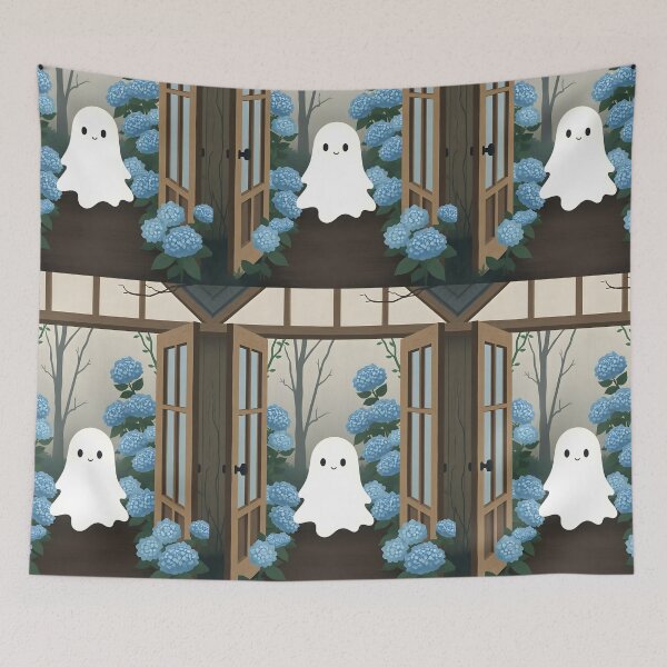 Item preview, Smiling Ghost Walking into Door with Hydrangeas – Dreamy Cute Illustration designed and sold by EmeraldeaArt.