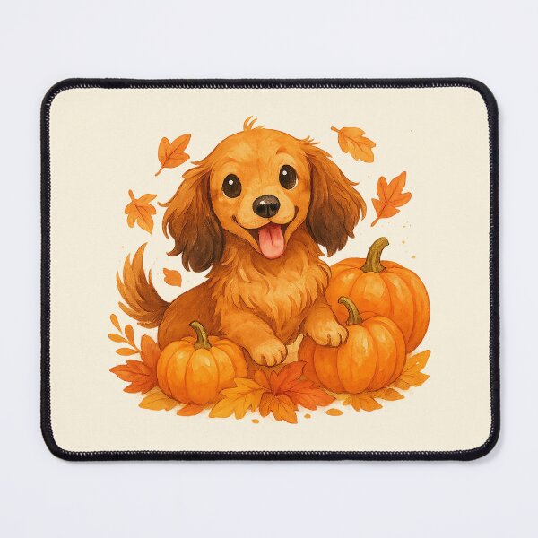 Item preview, Long Haired Dachshund in Pumpkins and Fall Leaves – Cute Autumn Dog Illustration designed and sold by TheLongPaw.