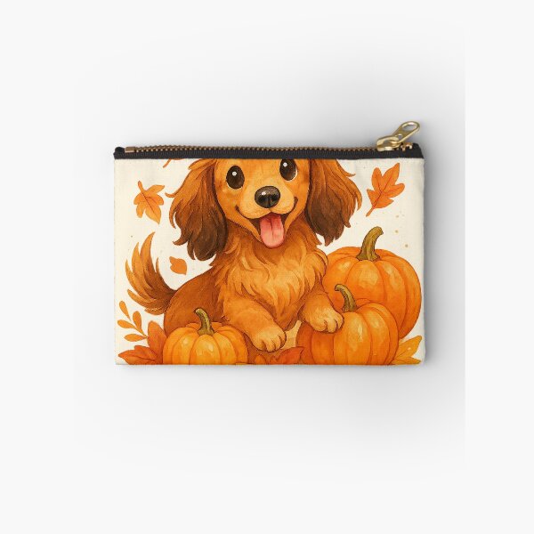 Item preview, Long Haired Dachshund in Pumpkins and Fall Leaves – Cute Autumn Dog Illustration designed and sold by TheLongPaw.