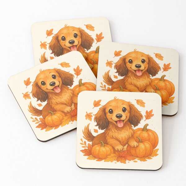 Item preview, Long Haired Dachshund in Pumpkins and Fall Leaves – Cute Autumn Dog Illustration designed and sold by TheLongPaw.