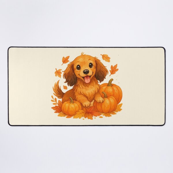 Item preview, Long Haired Dachshund in Pumpkins and Fall Leaves – Cute Autumn Dog Illustration designed and sold by TheLongPaw.