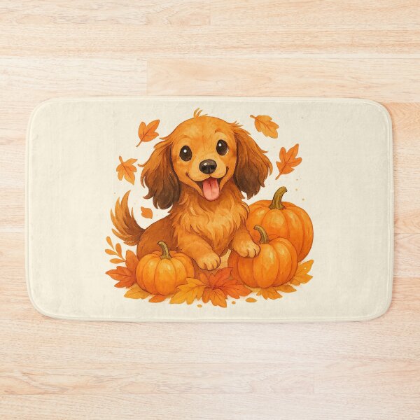 Item preview, Long Haired Dachshund in Pumpkins and Fall Leaves – Cute Autumn Dog Illustration designed and sold by TheLongPaw.
