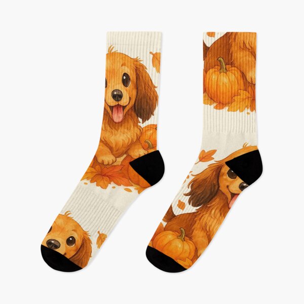 Item preview, Long Haired Dachshund in Pumpkins and Fall Leaves – Cute Autumn Dog Illustration designed and sold by TheLongPaw.