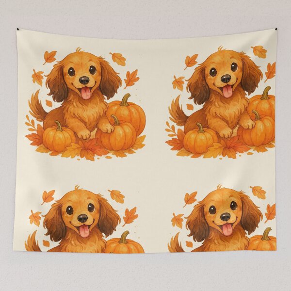 Item preview, Long Haired Dachshund in Pumpkins and Fall Leaves – Cute Autumn Dog Illustration designed and sold by TheLongPaw.