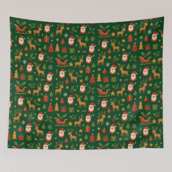 Item preview, Vintage Christmas Pattern – Santa, Reindeer, and Holly on Green Background designed and sold by Wild-way Art.