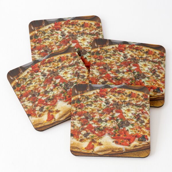 Item preview, Delicious Large Pizza With Tomato, Cheese, and Meat Toppings on Wooden Board designed and sold by Nmallia.