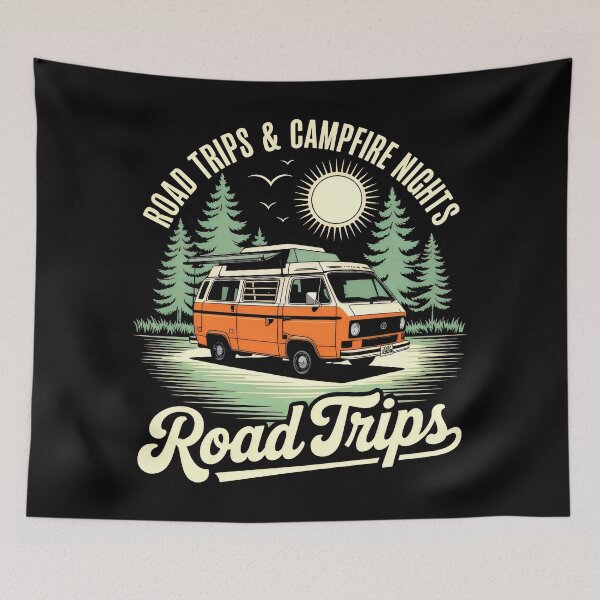 Item preview, Classic Orange Van Under the Pines – Road Trips and Campfire Vibes designed and sold by SplashTastic.