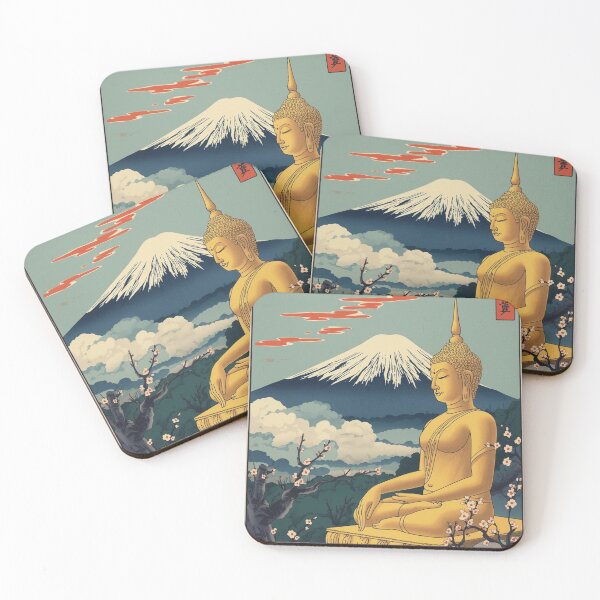Item preview, Golden Buddha Meets Mount Fuji - Thai Japanese Ukiyo-e Fusion Art Print designed and sold by Vandy Fullam.