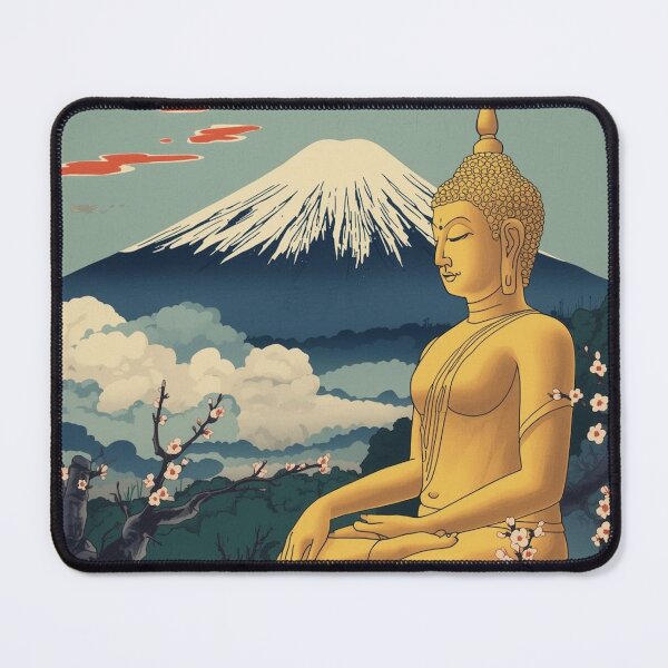 Item preview, Golden Buddha Meets Mount Fuji - Thai Japanese Ukiyo-e Fusion Art Print designed and sold by Vandy Fullam.