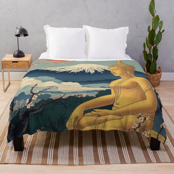 Item preview, Golden Buddha Meets Mount Fuji - Thai Japanese Ukiyo-e Fusion Art Print designed and sold by Vandy Fullam.