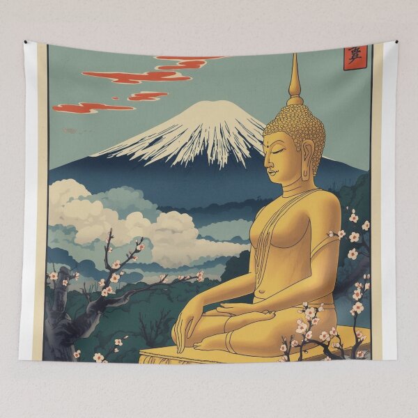Item preview, Golden Buddha Meets Mount Fuji - Thai Japanese Ukiyo-e Fusion Art Print designed and sold by Vandy Fullam.