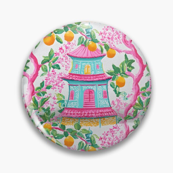Item preview, Preppy chinoiserie pagoda garden in pink and turquoise designed and sold by SophieClimaArt.