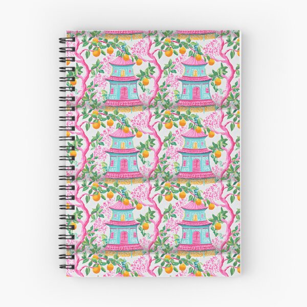 Item preview, Preppy chinoiserie pagoda garden in pink and turquoise designed and sold by SophieClimaArt.