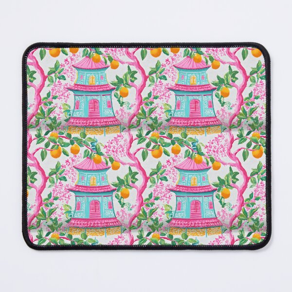 Item preview, Preppy chinoiserie pagoda garden in pink and turquoise designed and sold by SophieClimaArt.