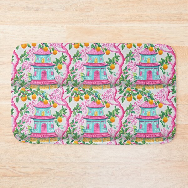 Item preview, Preppy chinoiserie pagoda garden in pink and turquoise designed and sold by SophieClimaArt.