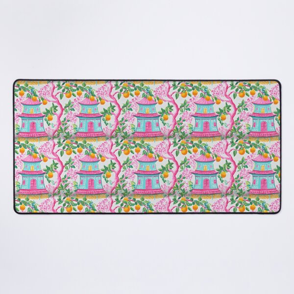 Item preview, Preppy chinoiserie pagoda garden in pink and turquoise designed and sold by SophieClimaArt.
