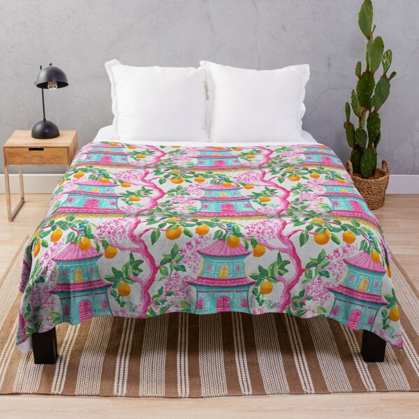 Item preview, Preppy chinoiserie pagoda garden in pink and turquoise designed and sold by SophieClimaArt.