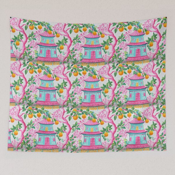 Item preview, Preppy chinoiserie pagoda garden in pink and turquoise designed and sold by SophieClimaArt.