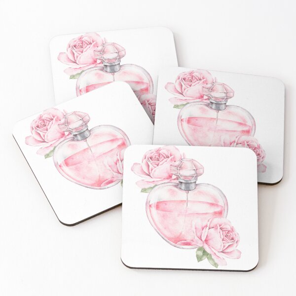 Item preview, Watercolor artwork with a pink heart-shaped perfume bottle decorated with roses designed and sold by eves_aquadreams.