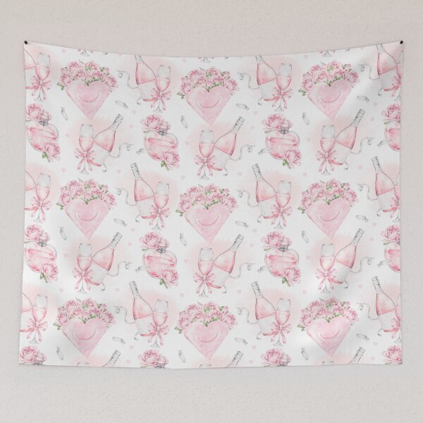 Item preview, watercolor hand drawn pattern with pink champagne bottles, glasses, ribbons, roses bouquets and hearts. Romantic illustration for Saint Valentines  designed and sold by eves_aquadreams.