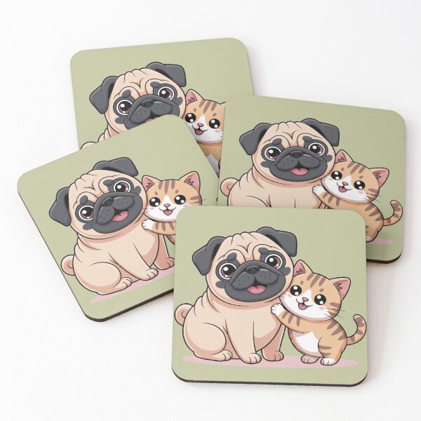 Item preview, Cute Pug and Cat Best Friends – Adorable Kawaii Animal Illustration designed and sold by Tidarat-27.
