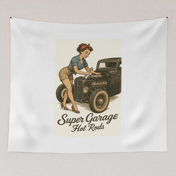 Item preview, Super Garage Hot Rod Girl Wrenching Vintage Car Pin-Up Art designed and sold by Fleetwood1994.