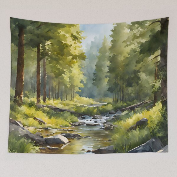 Item preview, Forest Stream in Summer Landscape Watercolor Painting | Watercolor Landscape | Watercolor Art | Watercolor Scenery designed and sold by UnhingedBird.