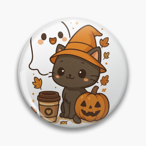 Item preview, cute kawaii black cat witch with pumpkin and ghost halloween cofee art  designed and sold by TeeMoods.