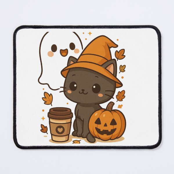 Item preview, cute kawaii black cat witch with pumpkin and ghost halloween cofee art designed and sold by TeeMoods.
