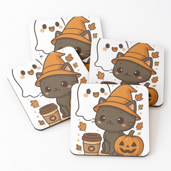 Item preview, cute kawaii black cat witch with pumpkin and ghost halloween cofee art  designed and sold by TeeMoods.