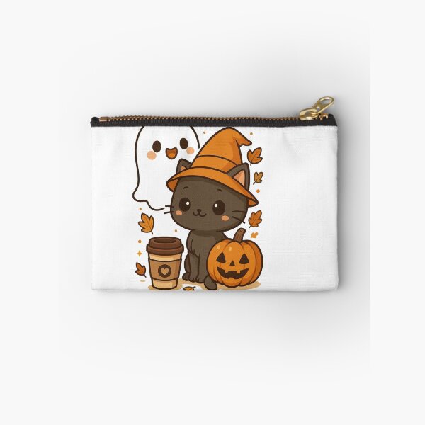 Item preview, cute kawaii black cat witch with pumpkin and ghost halloween cofee art  designed and sold by TeeMoods.