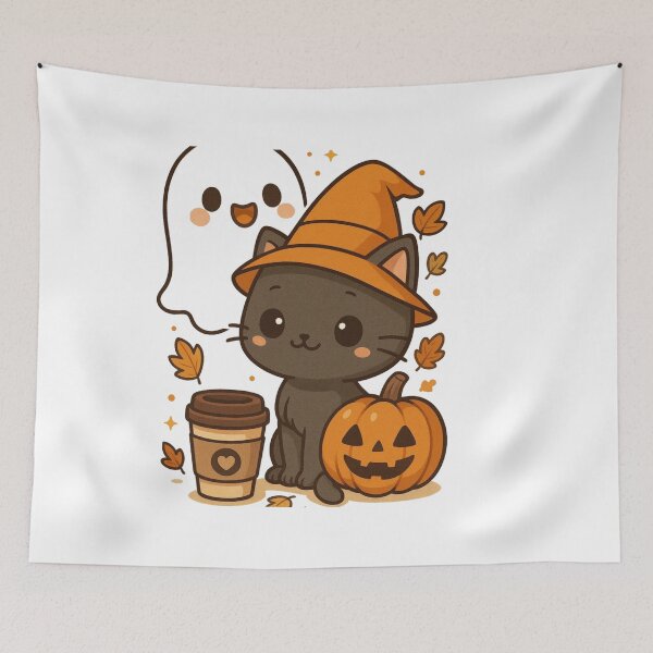 Item preview, cute kawaii black cat witch with pumpkin and ghost halloween cofee art  designed and sold by TeeMoods.