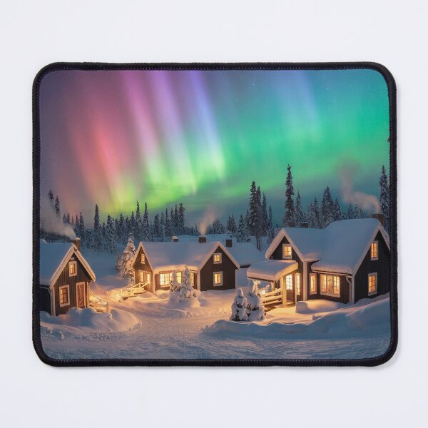 Item preview, Whimsical Winter Village Under Northern Lights – Cozy Snowy Landscape designed and sold by DeesDeesigns.