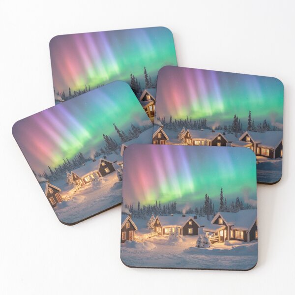 Item preview, Whimsical Winter Village Under Northern Lights – Cozy Snowy Landscape designed and sold by DeesDeesigns.
