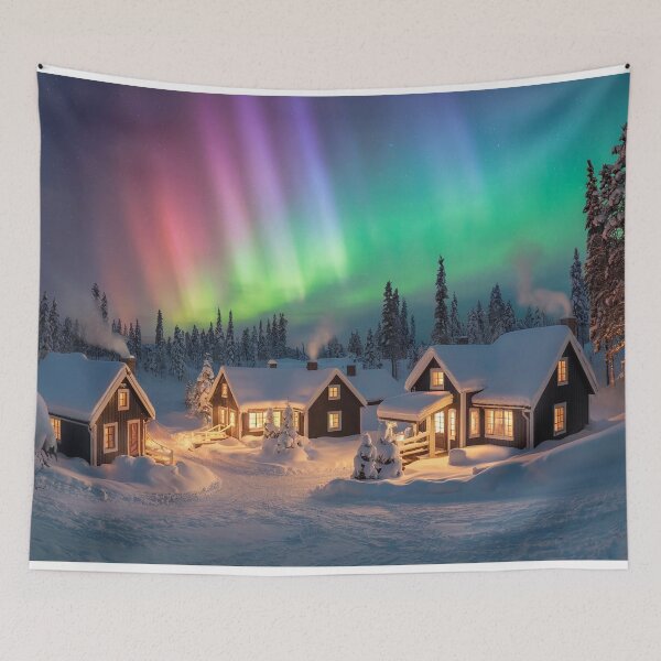 Item preview, Whimsical Winter Village Under Northern Lights – Cozy Snowy Landscape designed and sold by DeesDeesigns.