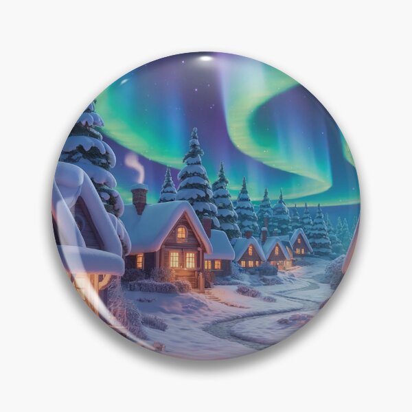 Item preview, Whimsical Winter Village Under Northern Lights – Cozy Snowy Landscape designed and sold by DeesDeesigns.