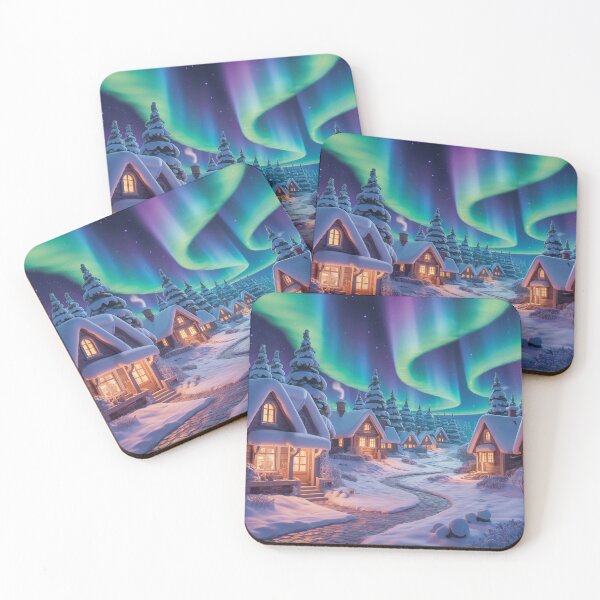 Item preview, Whimsical Winter Village Under Northern Lights – Cozy Snowy Landscape designed and sold by DeesDeesigns.