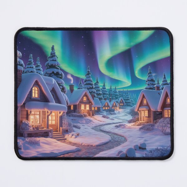 Item preview, Whimsical Winter Village Under Northern Lights – Cozy Snowy Landscape designed and sold by DeesDeesigns.