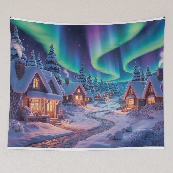 Item preview, Whimsical Winter Village Under Northern Lights – Cozy Snowy Landscape designed and sold by DeesDeesigns.
