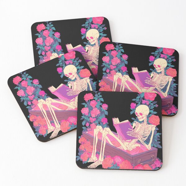 Item preview, Bright pink and orange and cream skeleton reading a book sitting in a coffin near roses designed and sold by Ilze Lucero.