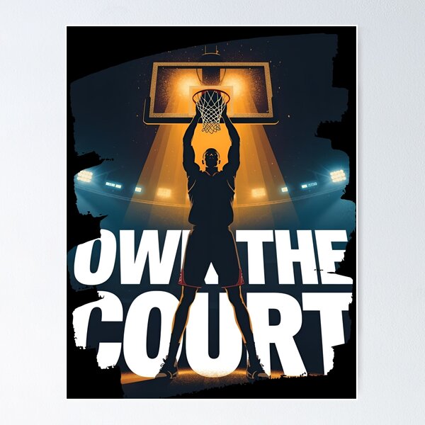 Item preview, Basketball Player silhouette standing tall with glowing hoop behind white text-Own The Court 7 designed and sold by Neon G.