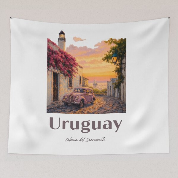 Item preview, Vintage Uruguay Travel Poster – Colonia del Sacramento Sunset Street with Classic Car designed and sold by CapyToon.