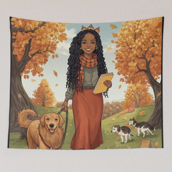 Item preview, Autumn Day Dog Walk At The Park designed and sold by lovelywhimsyart.