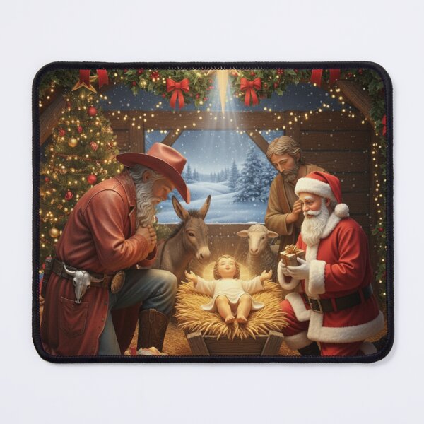 Item preview, COWBOY AND SANTA KNEELING BESIDE JESUS' IN MANGER designed and sold by Obinne.