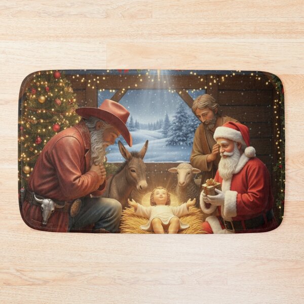 Item preview, COWBOY AND SANTA KNEELING BESIDE JESUS' IN MANGER designed and sold by Obinne.